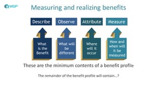 Measuring and realizing benefits
Describe Observe Attribute Measure
What
is the
Benefit
What will
be
different
Where
will it
occur
How and
when will
it be
measured
These are the minimum contents of a benefit profile
The remainder of the benefit profile will contain…?
 