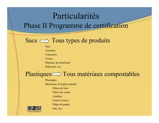 Particularités
Phase II Programme de certification

Sacs         Tous types de produits
       Sacs
       Assiettes
       Ustensiles
       Verres
       Plateaux de nourriture
       Pellicules, etc.

Plastiques            Tous matériaux compostables
       Plastiques
       Matériaux d’origine naturel
              Fibres de bois
              Fibres de coton,
              Amidon,
              Canne à sucre,
              Pulpe de papier
              Jute, etc.
 