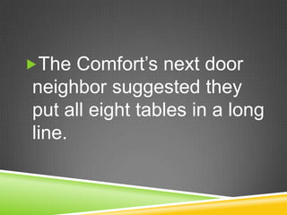 The Comfort’s next door neighbor suggested they put all eight tables in a long line.  