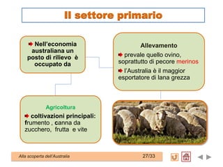 Agricoltura
coltivazioni principali:
frumento , canna da
zucchero, frutta e vite
Allevamento
prevale quello ovino,
soprattutto di pecore merinos
l’Australia è il maggior
esportatore di lana grezza
Nell’economia
australiana un
posto di rilievo è
occupato da
Alla scoperta dell’Australia 27/33
Il settore primario
 