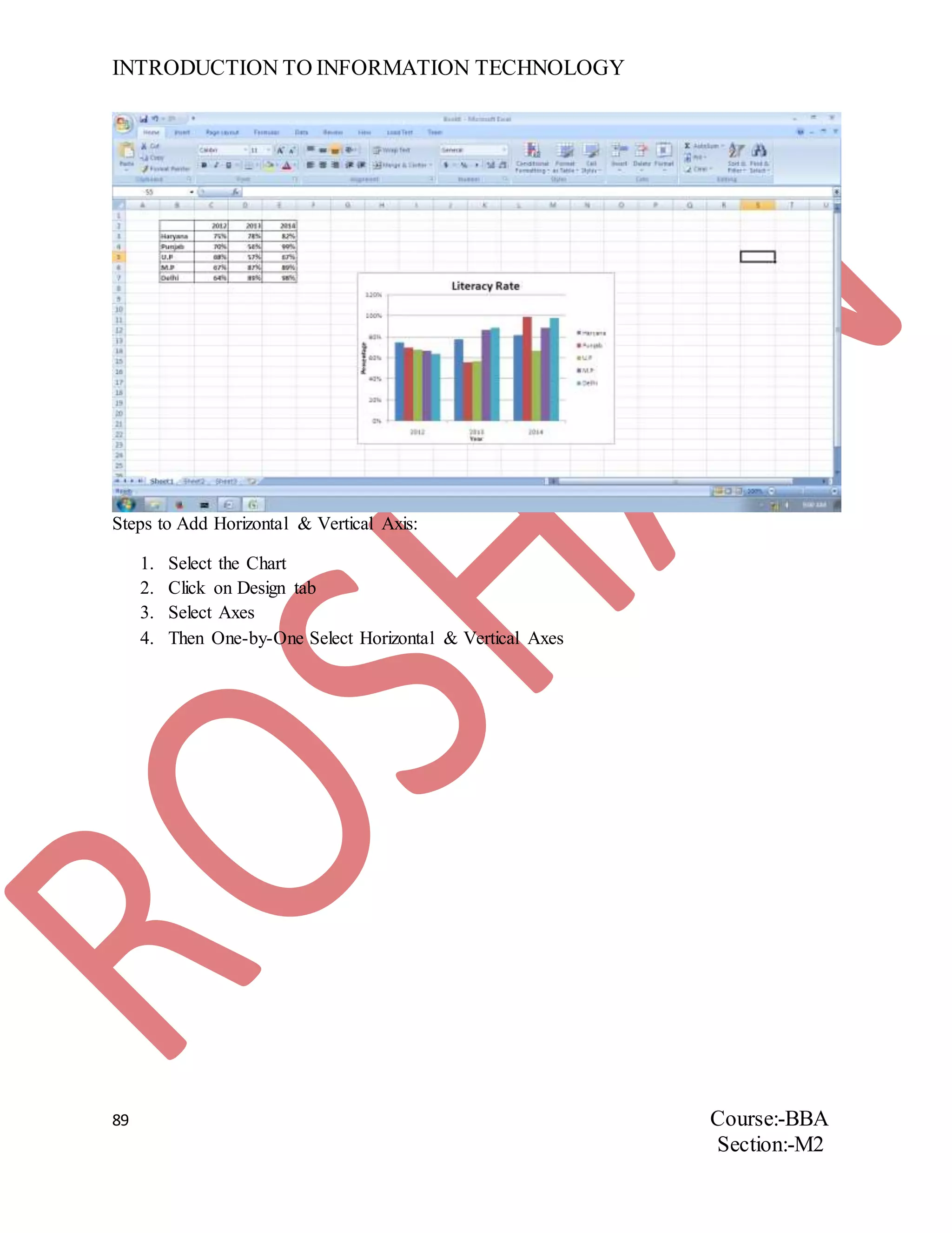 INTRODUCTION TO INFORMATION TECHNOLOGY
89 Course:-BBA
Section:-M2
Steps to Add Horizontal & Vertical Axis:
1. Select the Chart
2. Click on Design tab
3. Select Axes
4. Then One-by-One Select Horizontal & Vertical Axes
 