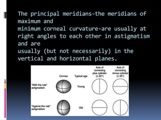 The principal meridians-the meridians of
maximum and
minimum corneal curvature-are usually at
right angles to each other in astigmatism
and are
usually (but not necessarily) in the
vertical and horizontal planes.
 