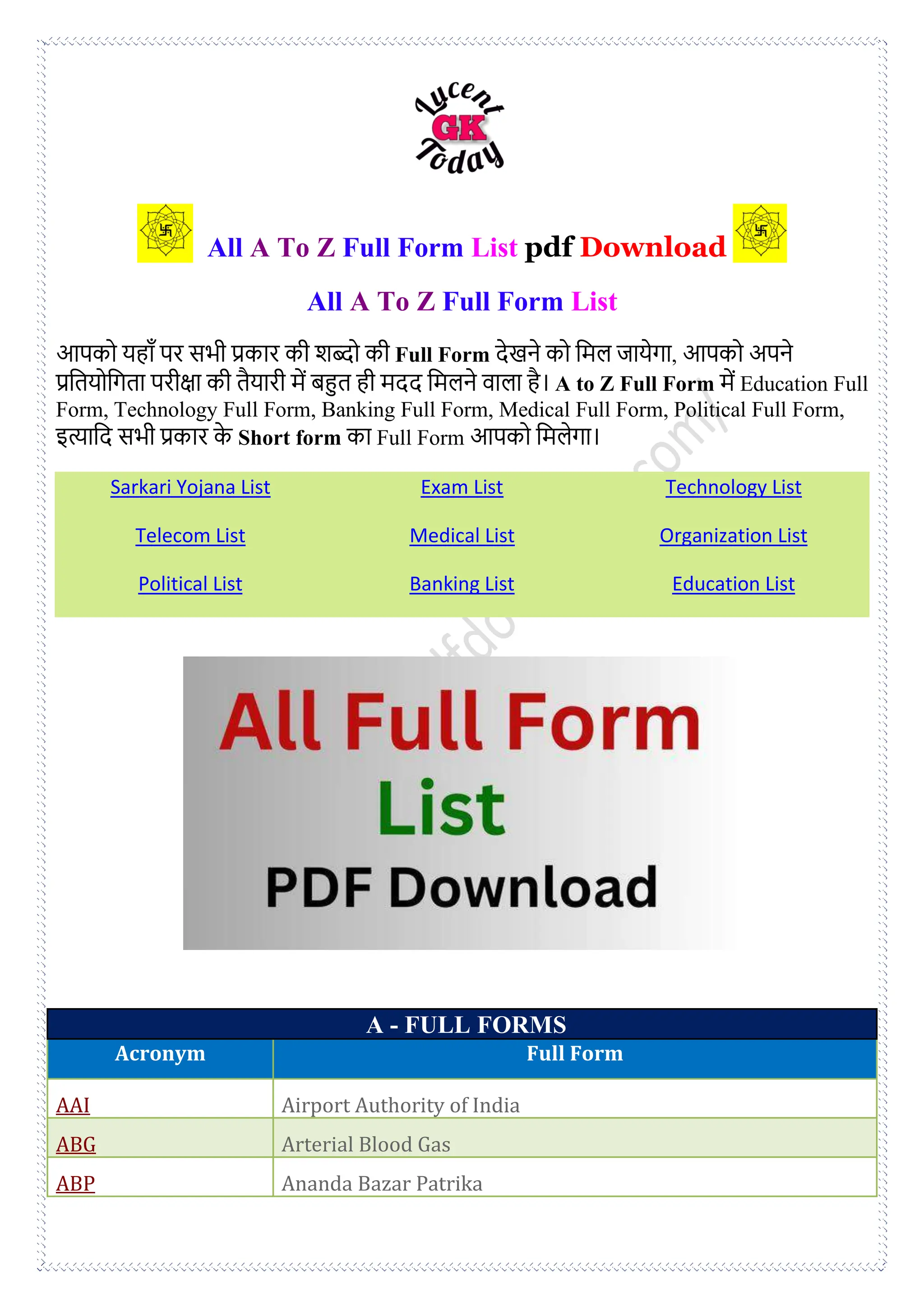 A To Z Full Form + All Full Form List pdf Download | PDF | Business ...