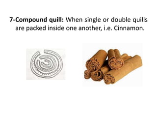 7-Compound quill: When single or double quills
are packed inside one another, i.e. Cinnamon.
 