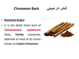 Cinnamon Bark ‫صيني‬ ‫دار‬ ‫قـشر‬
• Botanical Origin:
• It is the dried shoot bark of
Cinnamomum zeylanicum
Nees., Family: Lauraceae,
deprived of most of its cortex
known as Ceylon Cinnamon.
 