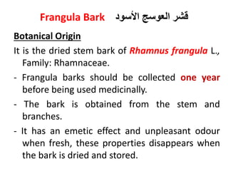 Frangula Bark ‫األسود‬ ‫العوسج‬ ‫قشر‬
Botanical Origin
It is the dried stem bark of Rhamnus frangula L.,
Family: Rhamnaceae.
- Frangula barks should be collected one year
before being used medicinally.
- The bark is obtained from the stem and
branches.
- It has an emetic effect and unpleasant odour
when fresh, these properties disappears when
the bark is dried and stored.
 