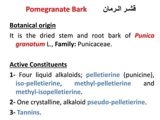 Pomegranate Bark ‫الـرمان‬ ‫قشـر‬
Botanical origin
It is the dried stem and root bark of Punica
granatum L., Family: Punicaceae.
Active Constituents
1- Four liquid alkaloids; pelletierine (punicine),
iso-pelletierine, methyl-pelletierine and
methyl-isopelletierine.
2- One crystalline, alkaloid pseudo-pelletierine.
3- Tannins.
 