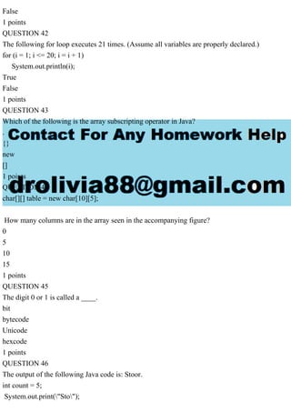 False
1 points
QUESTION 42
The following for loop executes 21 times. (Assume all variables are properly declared.)
for (i = 1; i <= 20; i = i + 1)
System.out.println(i);
True
False
1 points
QUESTION 43
Which of the following is the array subscripting operator in Java?
.
{}
new
[]
1 points
QUESTION 44
char[][] table = new char[10][5];
How many columns are in the array seen in the accompanying figure?
0
5
10
15
1 points
QUESTION 45
The digit 0 or 1 is called a ____.
bit
bytecode
Unicode
hexcode
1 points
QUESTION 46
The output of the following Java code is: Stoor.
int count = 5;
System.out.print("Sto");
 