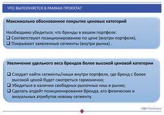 ЧТО ВЫПОЛНЯЕТСЯ В РАМКАХ ПРОЕКТА?
Максимально обоснованное покрытие ценовых категорий
Необходимо убедиться, что бренды в вашем портфеле:
 Соответствуют позиционированию по цене (внутри портфеля),
 Покрывают заявленные сегменты (внутри рынка) .
Увеличение удельного веса брендов более высокой ценовой категории
 Следует найти сегменты/ниши внутри портфеля, где бренд с более
высокой ценой будет смотреться гармонично;
 Убедиться в наличии свободных рыночных ниш в рынке;
 Сделать апдейт позиционирования бренда, его физических и
визуальных атрибутов новому сегменту.
 