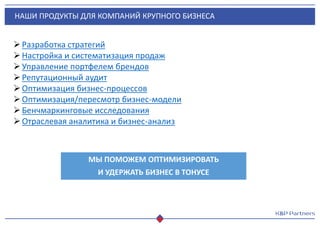 НАШИ ПРОДУКТЫ ДЛЯ КОМПАНИЙ КРУПНОГО БИЗНЕСА
Разработка стратегий
Настройка и систематизация продаж
Управление портфелем брендов
Репутационный аудит
Оптимизация бизнес-процессов
Оптимизация/пересмотр бизнес-модели
Бенчмаркинговые исследования
Отраслевая аналитика и бизнес-анализ
МЫ ПОМОЖЕМ ОПТИМИЗИРОВАТЬ
И УДЕРЖАТЬ БИЗНЕС В ТОНУСЕ
 
