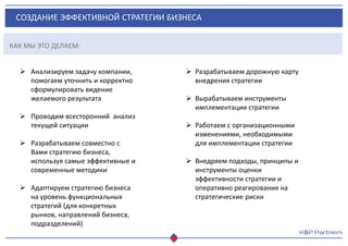 СОЗДАНИЕ ЭФФЕКТИВНОЙ СТРАТЕГИИ БИЗНЕСА
КАК МЫ ЭТО ДЕЛАЕМ:
 Анализируем задачу компании,
помогаем уточнить и корректно
сформулировать видение
желаемого результата
 Проводим всесторонний анализ
текущей ситуации
 Разрабатываем совместно с
Вами стратегию бизнеса,
используя самые эффективные и
современные методики
 Адаптируем стратегию бизнеса
на уровень функциональных
стратегий (для конкретных
рынков, направлений бизнеса,
подразделений)
 Разрабатываем дорожную карту
внедрения стратегии
 Вырабатываем инструменты
имплементации стратегии
 Работаем с организационными
изменениями, необходимыми
для имплементации стратегии
 Внедряем подходы, принципы и
инструменты оценки
эффективности стратегии и
оперативно реагирования на
стратегические риски
 