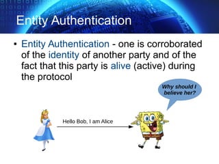 Entity Authentication
● Entity Authentication - one is corroborated
of the identity of another party and of the
fact that this party is alive (active) during
the protocol
Why should I
believe her?
Hello Bob, I am Alice
 