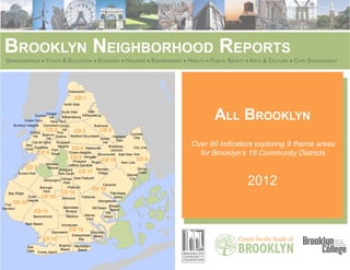 Brooklyn Neighborhood Reports
Demographics ■ Youth & Education ■ Economy ■ Housing ■ Environment ■ Health ■ Public Safety ■ Arts & Culture ■ Civic Engagement




                                                                               All Brooklyn
                                                                       Over 90 indicators exploring 9 theme areas
                                                                         for Brooklyn’s 18 Community Districts


                                                                                            2012
 