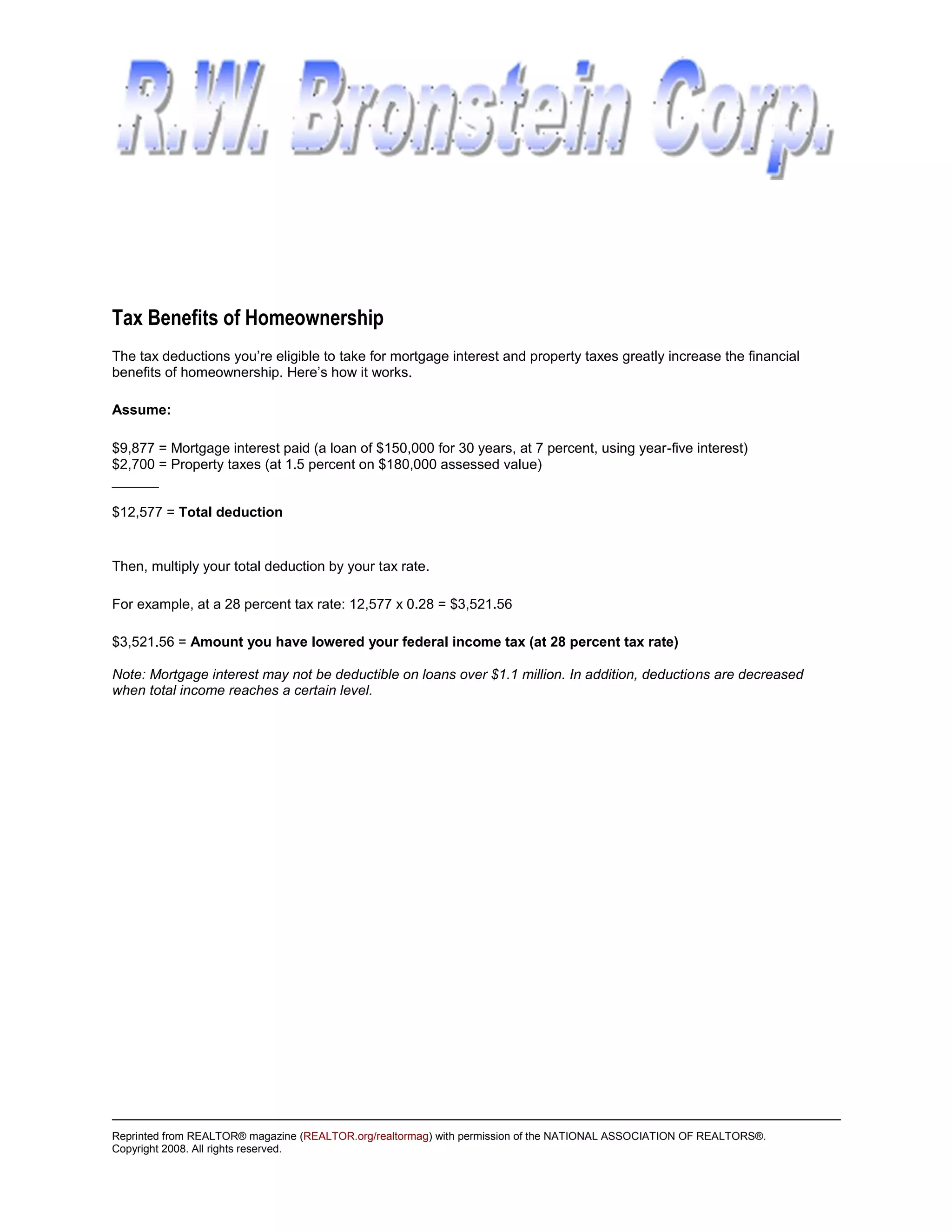 Tax Benefits of Homeownership
The tax deductions you’re eligible to take for mortgage interest and property taxes greatly increase the financial
benefits of homeownership. Here’s how it works.

Assume:

$9,877 = Mortgage interest paid (a loan of $150,000 for 30 years, at 7 percent, using year-five interest)
$2,700 = Property taxes (at 1.5 percent on $180,000 assessed value)
______

$12,577 = Total deduction


Then, multiply your total deduction by your tax rate.

For example, at a 28 percent tax rate: 12,577 x 0.28 = $3,521.56

$3,521.56 = Amount you have lowered your federal income tax (at 28 percent tax rate)

Note: Mortgage interest may not be deductible on loans over $1.1 million. In addition, deductions are decreased
when total income reaches a certain level.




Reprinted from REALTOR® magazine (REALTOR.org/realtormag) with permission of the NATIONAL ASSOCIATION OF REALTORS®.
Copyright 2008. All rights reserved.
 