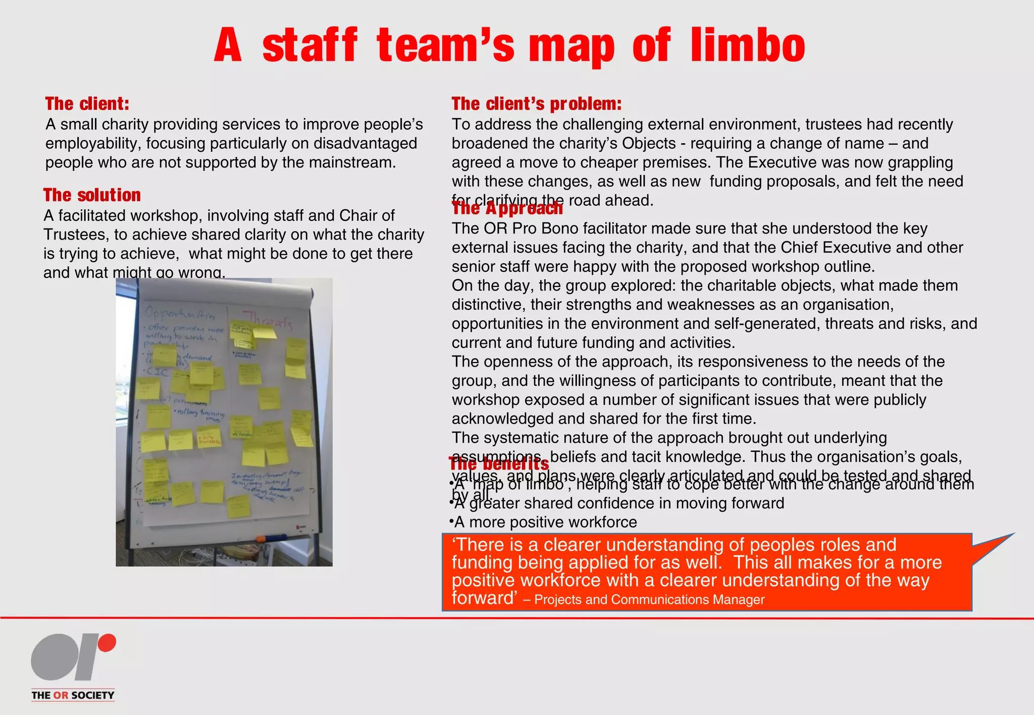 A staff team’s map of limbo
The client:
A small charity providing services to improve people’s
employability, focusing particularly on disadvantaged
people who are not supported by the mainstream.
The client’s problem:
To address the challenging external environment, trustees had recently
broadened the charity’s Objects - requiring a change of name – and
agreed a move to cheaper premises. The Executive was now grappling
with these changes, as well as new funding proposals, and felt the need
for clarifying the road ahead.The solution
A facilitated workshop, involving staff and Chair of
Trustees, to achieve shared clarity on what the charity
is trying to achieve, what might be done to get there
and what might go wrong.
The benefits
•A ‘map of limbo’, helping staff to cope better with the change around them
•A greater shared confidence in moving forward
•A more positive workforce
The Approach
The OR Pro Bono facilitator made sure that she understood the key
external issues facing the charity, and that the Chief Executive and other
senior staff were happy with the proposed workshop outline.
On the day, the group explored: the charitable objects, what made them
distinctive, their strengths and weaknesses as an organisation,
opportunities in the environment and self-generated, threats and risks, and
current and future funding and activities.
The openness of the approach, its responsiveness to the needs of the
group, and the willingness of participants to contribute, meant that the
workshop exposed a number of significant issues that were publicly
acknowledged and shared for the first time.
The systematic nature of the approach brought out underlying
assumptions, beliefs and tacit knowledge. Thus the organisation’s goals,
values, and plans were clearly articulated and could be tested and shared
by all.
‘There is a clearer understanding of peoples roles and
funding being applied for as well. This all makes for a more
positive workforce with a clearer understanding of the way
forward’ – Projects and Communications Manager
 