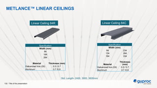 Title of the presentation
132 /
METLANCE™ LINEAR CEILINGS
Specification
Width (mm)
84
184
284
Material Thickness (mm)
Galvanized Iron (GI) 0.5 / 0.7
Aluminum 0.7 /0.9
Specification
Width (mm)
84 234
134 284
184 334
Material
Thickness
(mm)
Galvanized Iron (GI) 0.5 / 0.7
Aluminum 0.7 /0.9
Std. Length- 2400, 3000, 3600mm
Linear Ceiling 84R Linear Ceiling 84C
 