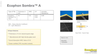 ©
Ecophon
Group
Ecophon Sombra™ A
Type of Tile Thickness in
mm
NRC LR Humidity
Resistance
Ecophon
Sombra™ A
Tech
15 0.9 0.03 -
0.04
0.95
NRC – Noise réduction Coefficient
LR – Light réflectance
Sombra A tile Section of Sombra A
system
Edge Detail – Square Edge
Size in mm
600x600
1200x600
Unique features
Thickness is 15 mm natural square edge
 Manufactured with High density glass wool
Sound Absorption NRC Value of 0.9
Green certified (70% recycled content)
 