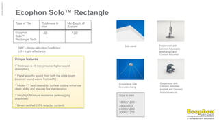 ©
Ecophon
Group
Ecophon Solo™ Rectangle
NRC – Noise réduction Coefficient
LR – Light réflectance
Size in mm
1800X1200
2400X600
2400X1200
3000X1200
Unique features
Thickness is 40 mm (ensures higher sound
absorption)
Panel absorbs sound from both the sides (even
bounced sound waves from soffit)
Akutex FT (wet cleanable) surface coating enhances
clean ability and ensures low maintenance
Very high Moisture resistance (anti-sagging
properties)
Green certified (70% recycled content)
Type of Tile Thickness in
mm
Min Depth of
System
Ecophon
Solo™
Rectangle Tech
40 130
Solo panel Suspension with
Connect Adjustable
wire hanger and
Connect Absorber
Suspension with
One-point fixing
Suspension with
Connect Absorber
bracket and Connect
Absorber ancho
 