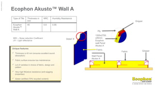 ©
Ecophon
Group
Ecophon Akusto™ Wall A
Type of Tile Thickness in
mm
NRC Humidity Resistance
Ecophon
Akusto™
Wall A
40 0.9 0.95
NRC – Noise reduction Coefficient
LR – Light reflectance
Unique features
 Thickness is 40 mm (ensures excellent sound
absorption)
 Fabric surface ensures low maintenance
 Lot of varieties in choice of fabric, design and
pattern
 Very high Moisture resistance (anti-sagging
properties)
 Green certified (70% recycled content)
Detail ‘A’
Ply
1200x2700
x40mm
Ecophon
wall Panel
Akutex A
Fabric
Gripper
Fabric
Wall Panel
Akutex A
Fabric Gripper
 
