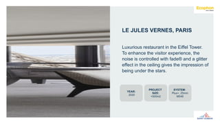 LE JULES VERNES, PARIS
Luxurious restaurant in the Eiffel Tower.
To enhance the visitor experience, the
noise is controlled with fade® and a glitter
effect in the ceiling gives the impression of
being under the stars.
PROJECT
SIZE:
+500m2
SYSTEM:
Plus+, 25mm
M549
YEAR:
2020
 