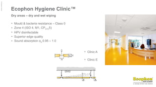 ©
Ecophon
Group
Ecophon Hygiene Clinic™
• Mould & bacteria resistance – Class 0
• Zone 4 (ISO 4, M1, CP(0.5)5)
• HPV disinfectable
• Superior edge quality
• Sound absorption αw 0.95 – 1.0
Dry areas – dry and wet wiping
• Clinic A
• Clinic E
 