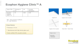 ©
Ecophon
Group
Ecophon Hygiene Clinic™ A
Type of Tile Thickness in
mm
LR Humidity
Resistance
Ecophon
Hygiene
Clinic™ A
15 0.84 0.95
NRC – Noise reduction Coefficient
LR – Light reflectance
Hygiene tile Hygiene Clinic A system
Edge Detail – Square Edge
Size in mm
600x600
1200x600
Unique features
Thickness is 15 mm
 Manufactured with High density glass wool
Green certified (70% recycled content)
Hygiene Clinic A system
 