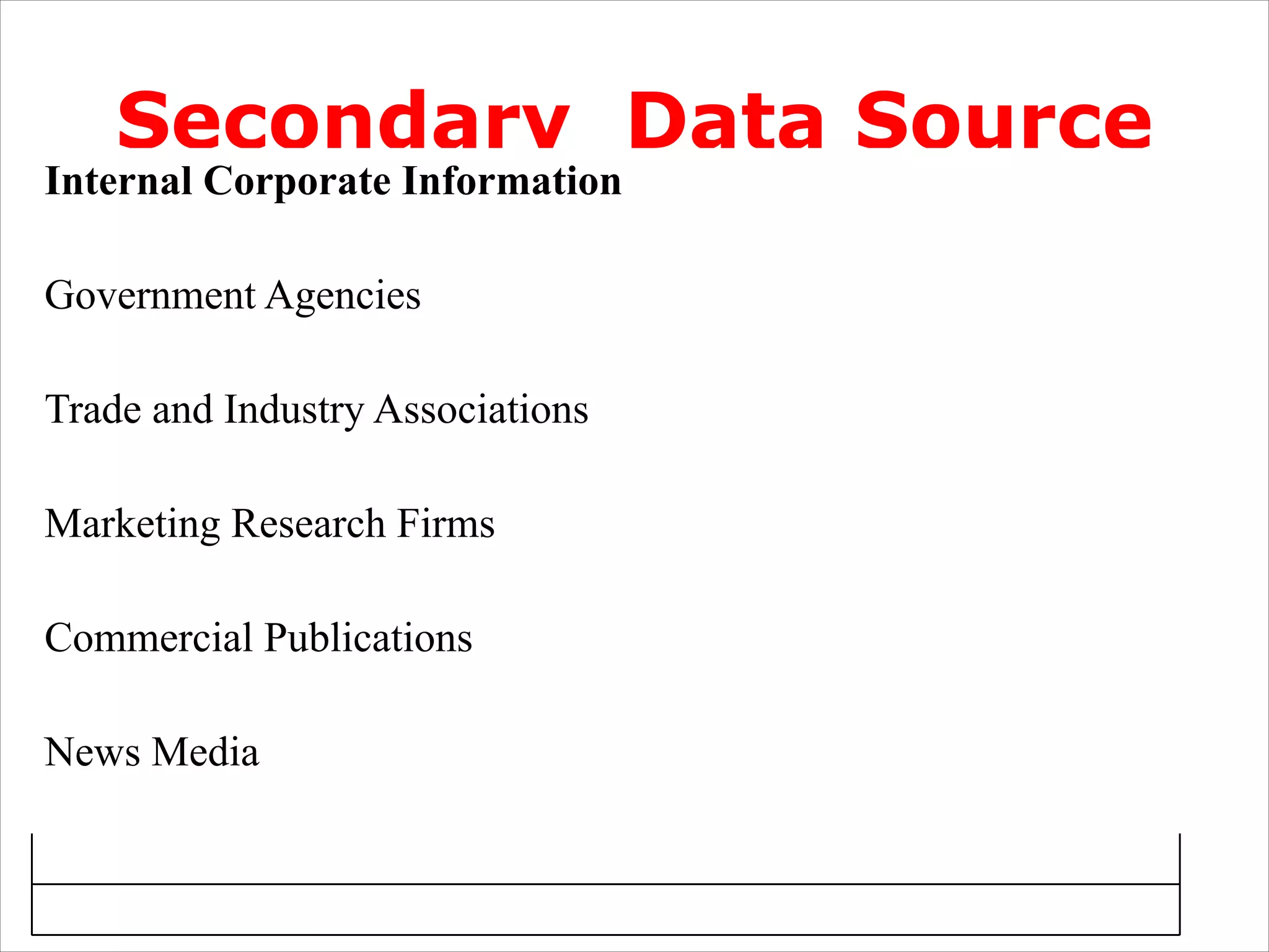 Secondary Data Source
Internal Corporate Information
Government Agencies
Trade and Industry Associations
Marketing Research Firms
Commercial Publications
News Media
 