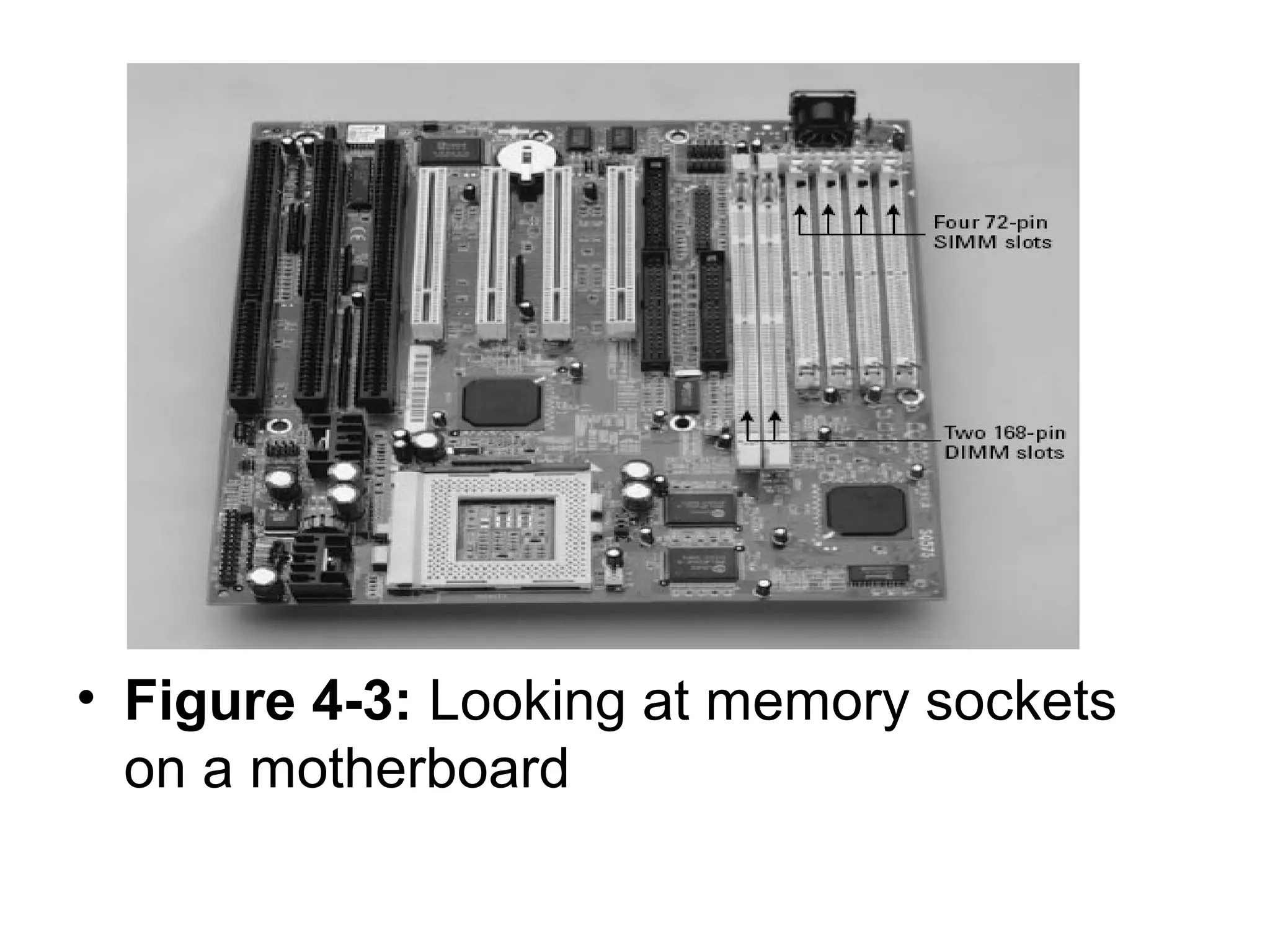 • Figure 4-3: Looking at memory sockets
on a motherboard
 