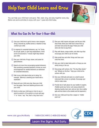 Learn the Signs. Act Early.
www.cdc.gov/ActEarly | 1-800-CDC-INFO (1-800-232-4636)
o Give your child time to get to know a new caregiver.
Bring a favorite toy, stuffed animal, or blanket to help
comfort your child.
o In response to unwanted behaviors, say “no” firmly.
Do not yell, spank, or give long explanations. A time
out for 30 seconds to 1 minute might help redirect
your child.
o Give your child lots of hugs, kisses, and praise for
good behavior.
o Spend a lot more time encouraging wanted behaviors
than punishing unwanted behaviors (4 times as much
encouragement for wanted behaviors as redirection
for unwanted behaviors).
o Talk to your child about what you’re doing. For
example, “Mommy is washing your hands with a
washcloth.”
o Read with your child every day. Have your child
turn the pages. Take turns labeling pictures with
your child.
o Build on what your child says or tries to say, or
what he points to. If he points to a truck and says
“t” or “truck,” say, “Yes, that’s a big, blue truck.”
o Give your child crayons and paper, and let your child
draw freely. Show your child how to draw lines up
and down and across the page. Praise your child
when she tries to copy them.
o Play with blocks, shape sorters, and other toys that
encourage your child to use his hands.
o Hide small toys and other things and have your
child find them.
o Ask your child to label body parts or things you see
while driving in the car.
o Sing songs with actions, like “The Itsy Bitsy Spider”
and “Wheels on the Bus.” Help your child do the
actions with you.
o Give your child pots and pans or a small musical
instrument like a drum or cymbals. Encourage your
child to make noise.
o Provide lots of safe places for your toddler to explore.
(Toddler-proof your home. Lock away products for
cleaning, laundry, lawn care, and car care. Use a safety
gate and lock doors to the outside and the basement.)
o Give your child push toys like a wagon or “kiddie
push car.”
What You Can Do for Your 1-Year-Old:
HelpYour Child Learn and Grow
You can help your child learn and grow. Talk, read, sing, and play together every day.
Below are some activities to enjoy with your 1-year-old child today.
 