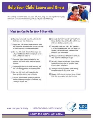 o Play make-believe with your child. Let her be the
leader and copy what she is doing.
o Suggest your child pretend play an upcoming event
that might make him nervous, like going to preschool
or staying overnight at a grandparent’s house.
o Give your child simple choices whenever you can.
Let your child choose what to wear, play, or eat for a
snack. Limit choices to 2 or 3.
o During play dates, let your child solve her own
problems with friends, but be nearby to help out
if needed.
o Encourage your child to use words, share toys, and
take turns playing games of one another’s choice.
o Give your child toys to build imagination, like
dress-up clothes, kitchen sets, and blocks.
o Use good grammar when speaking to your child.
Instead of “Mommy wants you to come here,” say,
“I want you to come here.”
o Use words like “first,” “second,” and “finally” when
talking about everyday activities. This will help your
child learn about sequence of events.
o Take time to answer your child’s “why” questions.
If you don’t know the answer, say “I don’t know,” or
help your child find the answer in a book, on the
Internet, or from another adult.
o When you read with your child, ask him to tell you
what happened in the story as you go.
o Say colors in books, pictures, and things at home.
Count common items, like the number of snack
crackers, stairs, or toy trains.
o Teach your child to play outdoor games like tag,
follow the leader, and duck, duck, goose.
o Play your child’s favorite music and dance with your
child. Take turns copying each other’s moves.
Learn the Signs. Act Early.
www.cdc.gov/ActEarly | 1-800-CDC-INFO (1-800-232-4636)
What You Can Do for Your 4-Year-Old:
You can help your child learn and grow. Talk, read, sing, and play together every day.
Below are some activities to enjoy with your 4-year-old child today.
HelpYour Child Learn and Grow
 