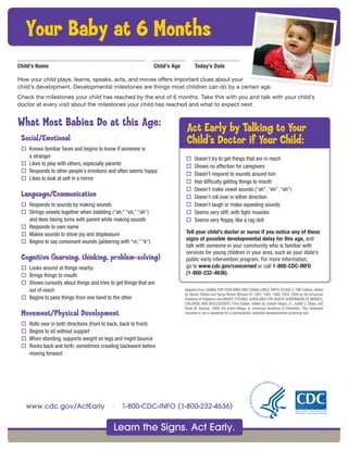 What Most Babies Do at this Age:
Social/Emotional
o Knows familiar faces and begins to know if someone is
a stranger
o Likes to play with others, especially parents
o Responds to other people’s emotions and often seems happy
o Likes to look at self in a mirror
Language/Communication
o Responds to sounds by making sounds
o Strings vowels together when babbling (“ah,” “eh,” “oh”)
and likes taking turns with parent while making sounds
o Responds to own name
o Makes sounds to show joy and displeasure
o Begins to say consonant sounds (jabbering with “m,” “b”)
Cognitive (learning, thinking, problem-solving)
o Looks around at things nearby
o Brings things to mouth
o Shows curiosity about things and tries to get things that are
out of reach
o Begins to pass things from one hand to the other
Movement/Physical Development
o Rolls over in both directions (front to back, back to front)
o Begins to sit without support
o When standing, supports weight on legs and might bounce
o Rocks back and forth, sometimes crawling backward before
moving forward
Your Baby at 6 Months
Child’s Name Child’s Age Today’s Date
How your child plays, learns, speaks, acts, and moves offers important clues about your
child’s development. Developmental milestones are things most children can do by a certain age.
Check the milestones your child has reached by the end of 6 months. Take this with you and talk with your child’s
doctor at every visit about the milestones your child has reached and what to expect next.
o Doesn’t try to get things that are in reach
o Shows no affection for caregivers
o Doesn’t respond to sounds around him
o Has difficulty getting things to mouth
o Doesn’t make vowel sounds (“ah”, “eh”, “oh”)
o Doesn’t roll over in either direction
o Doesn’t laugh or make squealing sounds
o Seems very stiff, with tight muscles
o Seems very floppy, like a rag doll
Tell your child’s doctor or nurse if you notice any of these
signs of possible developmental delay for this age, and
talk with someone in your community who is familiar with
services for young children in your area, such as your state’s
public early intervention program. For more information,
go to www.cdc.gov/concerned or call 1-800-CDC-INFO
(1-800-232-4636).
Act Early by Talking to Your
Child’s Doctor if Your Child:
Adapted from CARING FOR YOUR BABY AND YOUNG CHILD: BIRTH TO AGE 5, Fifth Edition, edited
by Steven Shelov and Tanya Remer Altmann © 1991, 1993, 1998, 2004, 2009 by the American
Academy of Pediatrics and BRIGHT FUTURES: GUIDELINES FOR HEALTH SUPERVISION OF INFANTS,
CHILDREN, AND ADOLESCENTS, Third Edition, edited by Joseph Hagan, Jr., Judith S. Shaw, and
Paula M. Duncan, 2008, Elk Grove Village, IL: American Academy of Pediatrics. This milestone
checklist is not a substitute for a standardized, validated developmental screening tool.
Learn the Signs. Act Early.
www.cdc.gov/ActEarly | 1-800-CDC-INFO (1-800-232-4636)
 