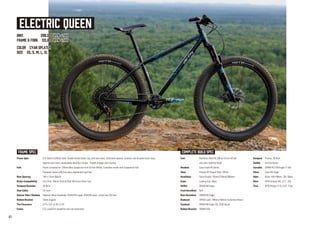 BIKE 298,000 yen +tax
FRAME & FORK 133,800 yen +tax
COLOR CYAN SPLATER
SIZE XS, S, M, L, XL
ELECTRIC QUEEN
Frame Spec 612 Select CroMoly steel. Double butted down, top, and seat tubes. Externally tapered, ovalized, and dimpled chain stays,
tapered seat stays, replaceable derailleur hanger. Stealth dropper post routing.
Fork Frame corrected for 120mm Max Suspension fork (51mm Offset). Complete comes with Suspension fork.
Frameset comes with five piece segmented rigid fork.
Rear Spacing 148 x 12mm (Boost)
Brake Compatibility Disc Only, 160mm Front & Rear Minimum Rotor Size
Seatpost Diameter 30.9mm
Seat Collar 33.1mm
Steerer Tube / Headset Tapered; 44mm headtube; ZS44/28.6 upper, EC44/40 lower, crown race 39.7mm
Bottom Bracket 73mm English
Tire Clearance 27.5 x 3.0" or 29 x 2.25"
Extras E.D. coated for durability and rust prevention
Fork RockShox Reba RL 29b w/ 51mm off-set
and color matched decal
Headset Cane Creek 40 Series
Stem Promax 3D Forged Stem, 50mm
Handlebar Salsa Rustler, 700mm/750mm/800mm
Grips Locking Grip, Black
Shifter SRAM NX-Eagle
Front Derailleur N/A
Rear Derailleur SRAM NX-Eagle
Brakeset SRAM Level, 180mm/160mm Centerline Rotors
Crankset SRAM NX-Eagle 32t, DUB, Boost
Bottom Bracket SRAM DUB
Seatpost Promax, 30.9mm
Saddle All-City Gonzo
Cassette SRAM PG1230 Eagle 11-50t
Chain Sram NX-Eagle
Hubs Boost 100/148mm, 32h, Black
Rims WTB Scraper i40, 27.5", 32h
Tires WTB Ranger 27.5 x 3.0", 27tpi
COMPLETE BUILD SPECFRAME SPEC
07
 