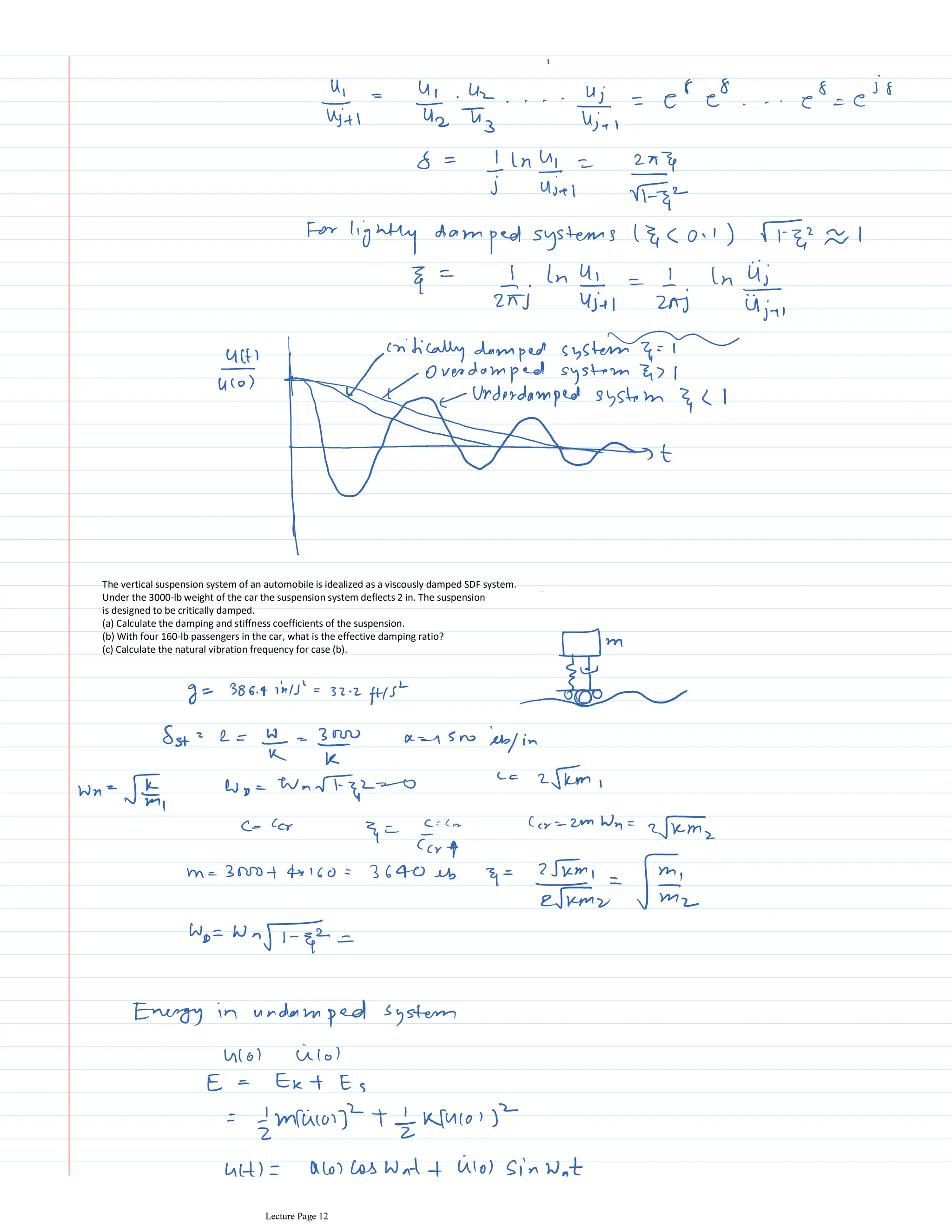 The vertical suspension system of an automobile is idealized as a viscously damped SDF system.
Under the 3000-lb weight of the car the suspension system deflects 2 in. The suspension
is designed to be critically damped.
(a) Calculate the damping and stiffness coefficients of the suspension.
(b) With four 160-lb passengers in the car, what is the effective damping ratio?
(c) Calculate the natural vibration frequency for case (b).
Lecture Page 12
 