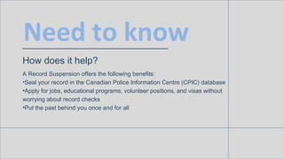 Need to know
How does it help?
A Record Suspension offers the following benefits:
• Seal your record in the Canadian Polic...