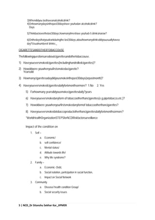 5 | NCD_Dr Sitanshu Sekhar Kar_JIPMER
3)Whendidyou lasthaveanalcoholicdrink?
4)Onhowmanydaysinthepast30dayshave youhadan alcoholicdrink?
Days
5)Thinkbackoverthelast30days,howmanytimeshave youhad>5 drinksinarow?
6)Onthedaysthatyoudrankduringthe last30days,abouthowmanydrinksdidyouusuallyhavea
day?Usualnumberof drinks:_
CIGARETTESANDOTHERTOBACCOUSE
Thefollowingquestionsareaboutcigarettesandothertobaccouse.
1) Haveyoueversmokedcigarettes(includinghandrolledcigarettes)?
2) Howoldwere youwhenyoufirstsmokedacigarette?
Yearsold
3) Howmanycigarettesadaydidyousmokeinthepast30days(orpastmonth)?
4) Haveyoueversmokedcigarettesdailyfor6monthsormore? 1.No 2. Yes
5) Forhowmany yearsdidyousmokecigarettesdaily?years
6) Haveyoueversmokedanyform of tobaccootherthancigarettes(e.g.pipetobacco,etc.)?
7) Howoldwere youwhenyourfirstsmokedanyformof tobaccootherthancigarettes?
8) Haveyoueversmokedatobaccoproductotherthancigarettesdailyfor6monthsormore?
*WorldHealthOrganizationSTEPSforNCDRiskfactorsurveillance
Impact of the condition on
1. Self –
a. Economic/
b. self-confidence/
c. Mental status/
d. Attitude towards life/
e. Why Me syndrome?
2. Family –
a. Economic- Debt,
b. Social isolation, participation in social function,
c. Impact on Social Network
3. Community
a. Disease/ health condition Group/
b. Social security issues
 