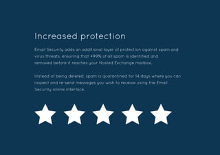 Increased protection
Email Security adds an additional layer of protection against spam and
virus threats, ensuring that +99% of all spam is identified and
removed before it reaches your Hosted Exchange mailbox.
Instead of being deleted, spam is quarantined for 14 days where you can
inspect and re-send messages you wish to receive using the Email
Security online interface.
 