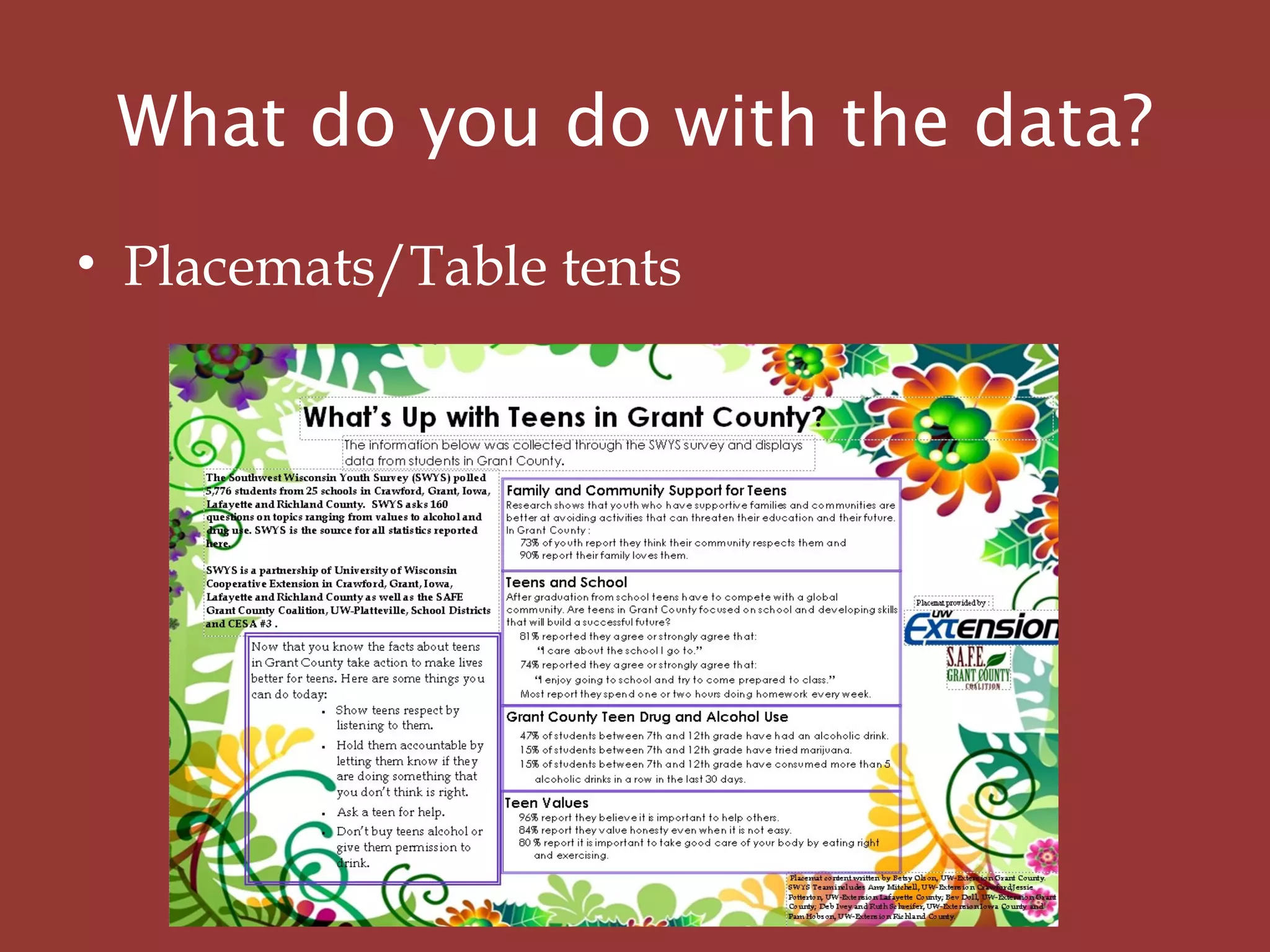 What do you do with the data?
• Placemats/Table tents
 