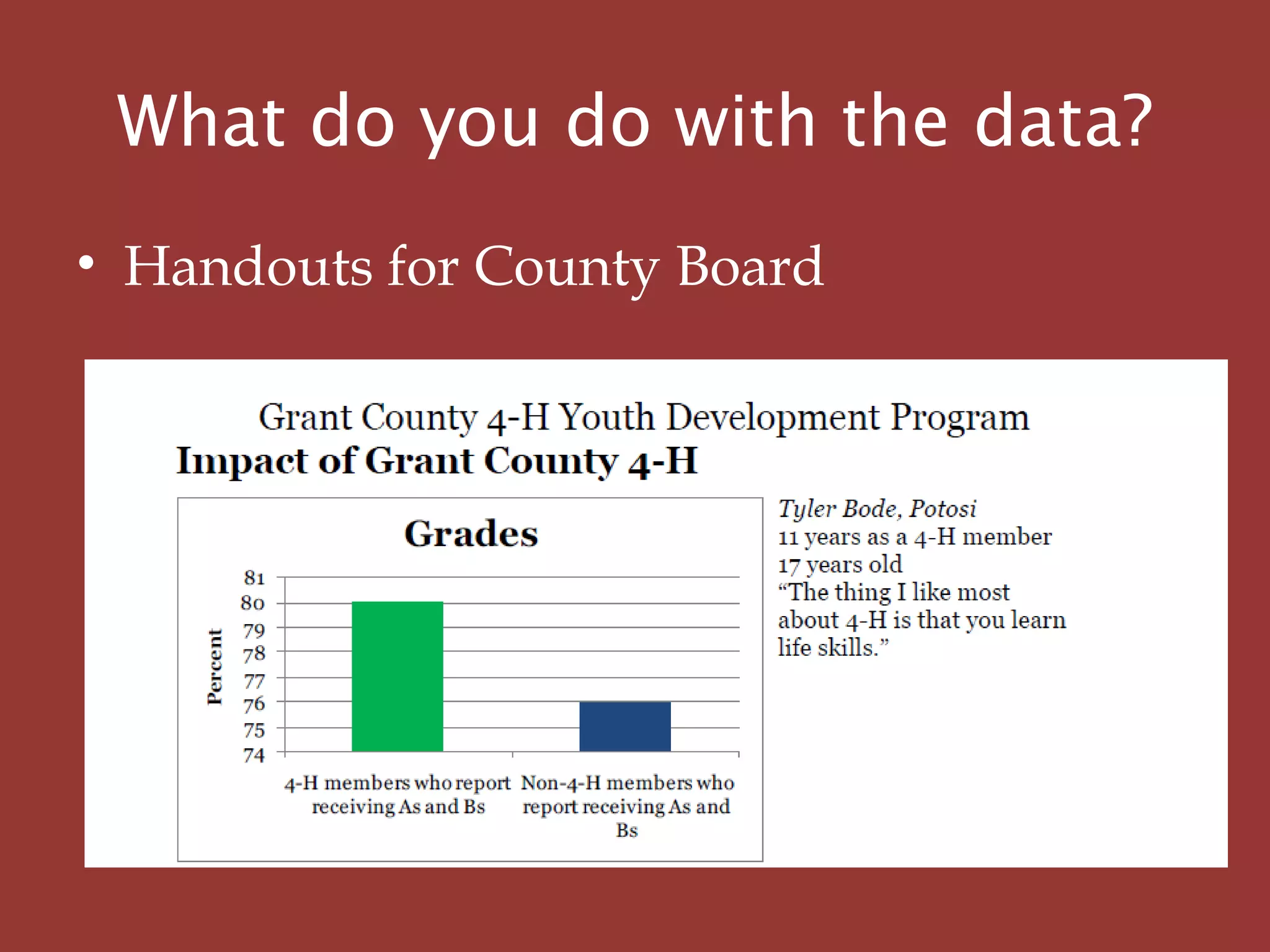 What do you do with the data?
• Handouts for County Board
 
