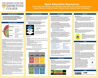 Open Education Resources
                                                                                                                     Michele Ogle, Ellen Murphy, Joyce McKnight, Claire Miller, Hui-ya Chuang, Robert Kester,
                                                                                                                      Rebecca Bonanno, Katarina Pisutova, Suzanne Hayes, Kathleen Stone, Deb Staulters



                        About the OER Task Force                                                                  Creative Commons License                                                                                                  Open CourseWare                                                                  WikiEducator
                                                                                           What are they?                                                                             About Open CourseWare (OCW)
 This working group will explore the possibilities of                                                                                                                                                                                                                        What is WikiEducator?
                                                                                           The Creative Commons Licenses are a spectrum of usable licenses that, when applied         Just as open source software became available and was appreciated in the world         WikiEducator is an evolving community intended for the collaborative:
 emerging learning resources and make recommendations                                      to creative works allow users to remix, reuse and build upon creative works in different   of computer software, a similar movement began in academia to make                     • planning of education projects linked with the development of free content;
 to the center to identify and include these resources in                                  ways and with varying levels of permission. Placing the license on a creative work also    educational content more freely available. With widespread internet access             • development of free content on WikiEducator for e-learning;
                                                                                           allows it to be found more easily online, and each license makes it clear how and          available, individuals in academia wished to use the internet to share learning
 our courses and open learning initiatives.                                                whether or not a creative work can legally and rightfully used.
                                                                                                                                                                                                                                                                             • work on building open education resources (OERs) on how to create OERs;
                                                                                                                                                                                      content and even to provide the content of entire courses to the world at large,       • networking on funding proposals developed as free content.
                                                                                                                                                                                      which prompted institutional discussions about who owns knowledge.
                                                                                           Each Creative Commons license is made up of three layers:
                                                                                                                                                                                                                                                                             History
                                                                                               • CC Rights Expression Language – the “machine readable” layer
                          Definitions of Openness                                              • Legal code – the traditional layer of legal language
                                                                                                                                                                                                  MITOPENCOURSEWARE                                                          WikiEducator was created in 2006 at the University of New Zealand – originally
                                                                                                                                                                                      In 1999 the Massachusetts Institute of Technology (MIT) launched the first             as experimental wiki for sharing educational resources. Managed by Open
                                                                                               • Commons Deed – the “human readable” layer                                            offerings of free MIT Open CourseWare, which consists primarily of lecture             Education Resource (OER) Foundation with support from Commonwealth of
                                                                                                                                                                                      notes, videos of lectures, and other materials. These materials are meant as           Learning and The William and Flora Hewlett Foundation, WikiEducator keeps
                                                                                                                                The 3 layers relate directly to the 3 major
                                                                                                                                                                                      resources for reuse by educators, and proper attribution to the original MIT faculty   gaining contributing educators worldwide. Free online trainings focused on Wiki
                                                                                                                                players of content creation on the web:
                                                                                                                                                                                      author(s) is required. According to MIT’s website (http://mit.ocw.edu) almost all      skills for educators started in 2007. By 2008, WikiEducator had almost 6,000
                                                                                           The 3 layers relate                                                                        their 2000+ courses are available with this disclaimer:
                                                                                                                                1.        content creators,                                                                                                                  registered users.
                                                                                                                                2.        content users, and                                “•OCW is not an MIT education.
                                                                                                                                3.        the web.                                           •OCW does not grant degrees or certificates.                                    Strategy
                                                                                                                                                                                             •OCW does not provide access to MIT faculty.                                    “WikiEducator aims to build a thriving and sustainable global community
                                                                                                                                Each layer has a role to play in the value and               •Materials may not reflect entire content of the course.”                       dedicated to the design, development and delivery of free content for learning in
                                                                                                                                meaning of the license. No matter who you                                                                                                    realisation of a free version of the education curriculum by 2015.”
                                                                                                                                                                                      MIT’s OCW Scholar courses are more complete and contain multimedia                     http://wikieducator.org/WikiEducator:About
                                                                                                                                are, there is one layer of the license you can
                                                                                                                                                                                      resources for use by independent learners. These 7 courses are more complete
                                                                                                                                easily interpret, and therefore, use.
                                                                                                                                                                                      and contain multimedia resources to aid learning. MITx will offer a first
                                                                                                                                                                                                                                                                                                                          Workshops
                                                                                                                                                                                      experimental course in March 2012, with additional offerings planned for
                                                                                                                                                                                                                                                                                                                          Learning4Content Workshops are continuously offered
                                                                                                                                Image credit: www.creativecommons.org CC-BY

                                                                                                                                                                                      September. These MITx courses feature interactive instruction, communication
                                                                                                                                                                                                                                                                                                                          around the globe as online and face-to-face sessions.
                                                                                           Design Rationale                                                                           with professor, individual assessment, and ability to earn certificates.
                                                                                                                                                                                                                                                                                                                          These workshops are still offered free of charge for
                                                                                                                                                                                      (http://mitx.mit.edu)
                                                                                                                                                                                                                                                                                                                          participants due to the support from William and Flora
                                                                                           CC Licenses:
                                                                                                                                                                                                                                                                                                                          Hewlett Foundation.
                                                                                            Strike a balance between copyright law and individual creators’ ability to make use
Open Universities: A group of universities from all over the world that host research         of their work;                                                                                        (image credit: http://ocwconsortium.org CC: BY 3.0)

                                                                                                                                                                                      The Open CourseWare Consortium (http://www.ocwconsortium.org) grew out of               (Image credit to http://wikieducator.org)
opportunities and academic programs with a goal of increasing accessibility for all -       Provide a simple, standardized way of giving and/or limiting permissions to the use
                                                                                                                                                                                      early work in open courseware. There are 250+ member institutions worldwide,
including those in developing nations - to the right to education and lifelong learning       of creative work of all kinds;
                                                                                            Allow anyone to obtain and maintain credit for their work;
                                                                                                                                                                                      and the consortium is sponsored by the William and Flora Hewlett Foundation                                                                Badges
opportunities.                                                                                                                                                                        plus the Sustaining Members listed here:
                                                                                            Have universal meaning and recognition;
Open Textbook: high-quality college texts offered online under a license that allows
                                                                                            Are perpetual;                                                                                                                                                                  Lifelong Learning
free digital access and low-cost print options. Students can read the full text free        Have no impact on existing legal freedoms or exceptions, and                                                                                                                    There is an increase in employers requiring employees to have very specific skills
online, download a printable PDF, or purchase a hard copy at a fraction of the cost of      Present no technological restrictions to access of content.                                                                                                                     beyond what they may have acquired through traditional educational routes.
traditional books.                                                                                                                                                                                                                                                           Learning takes place in many places and through many different ways. Open
Open Educational Resource (OER): teaching and learning materials that are freely                                  CC Licenses + Users = Open Content                                                                                                                         educational courses have sparked a growing interest in how to assess and
available online for everyone to use, whether you are an instructor, student or self-                                                                                                                                                                                        recognize learning that takes place outside of the traditional classroom. For
learner. They usually have a Creative Commons License associated with them                 Open content is any content found online that can be copied, edited, revised, reused                                                                                              example, the Learning Resource taskforce members have been taking the
                                                                                           and redistributed, legally. This includes educational content!                                                                                                                    Openness in Education course, which does not award college credit, but helps
(remember: just because something is on the web, it does not make it free nor an
                                                                                                                                                                                      The OCW Consortium provides a means to search for open courses available               those taking it to learn new skills.
OER).                                                                                                                          The Licenses                                           through the member institutions, and also to provide assistance to member
Open Courseware (OCW): free and available digital publications of high quality,                                                                                                       institutions in developing and organizing their own open courseware offerings.         What are Badges?
university‐level educational material organized and presented as courses. OCW often                                                                                                   Courses are available in languages other than English, and course search by            Badges are an answer to the need to recognize learning that takes place through
include course planning materials and evaluation tools as well as thematic content.                                                                                                   language is available on the web site.                                                 alternative methods. It is the age old idea of lifelong learning, but for the 21st
Open Badges: Badges provide a way for learners to get recognition for gaining new                                                                                                                                                                                            century. Badges are a visual representation of ones skills and achievements.
                                                                                                                                                                                      In addition to these examples, an internet search of “open courseware” or “open        They can be collected on websites, resumes, job boards, and more. Badges can
skills and experience using the web and other digital learning environments. Badges
                                                                                                                                                                                      educational resources” will yield many more examples.                                  represent small task completions all the way up to very in depth complicated
are visual representations of 21st century skills and achievements that learners can
                                                                                                                                                                                                                                                                             skills. They are housed on the web and contain metadata that can link back to the
display to potential employers, schools, colleagues and their community.                                                                                                                                                                                                     specific achievements and evaluation used to earn the badge.
Massive Open Online Course (MOOC): an open, participatory course that is                                                                                                                                                                        OER University
distributed over the internet, and seeks to promote lifelong, networked learning. It has                                                                                                                                                                                     Mozilla Open Badges
                                                                                                                                                                                                                                                                             Mozilla is currently leading the way in developing an
some of the same elements as an online course - students, content, instruction; a                                                                                                     What is OERu?
                                                                                                                                                                                                                                                                             open badge infrastructure. This infrastructure will
MOOC also provides a variety of ways to connect and collaborate with others while                                                                                                     Open Education Resource University (OERu) is an international partnership of
                                                                                                                                                                                                                                                                             provide a means for issuing, earning, and displaying
gaining digital skills.                                                                                                                                                               accredited universities, colleges and polytechnics coordinated by the OER
                                                                                                                                                                                                                                                                             the badges. The idea is that issuers of badges will be
                                                                                                                                                                                      foundation. Its main goal is to widen access and reduce the cost of tertiary study
Learning Objective Repository (LOR): a digital library. It enables educators to                                                                                                                                                                                              able to award badges through the infrastructure and
                                                                                                                                                                                      for learners who are excluded from the formal education sector.
store, share, manage and use and reuse educational resources, content, and/or                                                                                                                                                                                                learners will have a “badge backpack” on the system
assets.                                                                                                                                                                                                                                                                      to contain them. The technology is currently be
                                                                                                                                                                                      How does it Work?
Open Licenses: A license is a document that specifies what can and cannot be done                                                                                                                                                                                            developed and piloted by a joint venture with Mozilla
                                                                                                                                                                                      OERu students gain free access to courses that are designed for independent-
                                                                                                                                                                                                                                                                             and the Peer 2 Peer University for courses in web
with a work (whether sound, text, image or multimedia). It grants permissions and                                                                                                     study using OER. OERu learners will receive student support through a global
                                                                                                                                                                                                                                                                             development, with the full launch to occur early in
states restrictions. Broadly speaking, an open license is one which grants permission                                                                                                 network of volunteers and peer support using social software technologies.
                                                                                                                                                                                                                                                                             2012.
to access, re-use and redistribute a work with few or no restrictions.                                                                                                                Students can be assessed for a fee by participating institutions and earn a
                                                                                                                                                                                                                                                                                                                                                       Image available from MozillaWiki under CC-BY-SA
                                                                                                                                                                                      credible credential.
Open Source: The term came out of the world of software development, and was
originally used as a way to describe software source code and demonstrate how it's                                                                                                                                                                                                                                               License
developed. The basic principles of “open source” are: Openness, transparency,
collaboration, diversity, and reusability.
Open Access: refers to unrestricted access and reuse of (via the Internet) articles
published in scholarly journals and books.
                                                                                                                                                                                      (Image credit to http://wikieducator.org)                                              This poster licensed under Creative Commons Attribution Share-Alike License 3.0
 