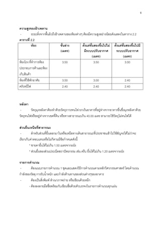 8
ความสูงของฝ้าเพดาน
- ระยะดิ่งจากพื้นผิวถึงฝ้าเพดานของห้องต่างๆ ต้องมีความสูงอย่างน้อยดังแสดงในตาราง 2.2
ตารางที่ 2.2
ห้อง ชั้นล่าง
(เมตร)
ตั้งแต่ชั้นสองขึ้นไปไม่
มีระบบปรับอากาศ
(เมตร)
ตั้งแต่ชั้นสองขึ้นไปมี
ระบบปรับอากาศ
(เมตร)
ห้องโถง ที่ทาการห้อง
ประกอบการค้าและห้อง
เก็บสินค้า
3.50 3.50 3.00
ห้องที่ใช้พักอาศัย 3.50 3.00 2.40
ครัวหนีไฟ 2.40 2.40 2.40
หลังคา
- วัตถุมุงหลังคาต้องทาด้วยวัตถุถาวรทนไฟ ยกเว้นอาคารที่อยู่ห่างจากอาคารอื่นซึ่งมุงหลังคาด้วย
วัตถุทนไฟหรืออยู่ห่างจากเขตที่ดิน หรือทางสาธารณะเกิน 40.00 เมตร สามารถใช้วัตถุไม่ทนไฟได้
ส่วนยื่นเหนือที่สาธารณะ
- สาหรับส่วนที่ยื่นออกมาในหรือเหนือทางเดินสาธารณะที่ประชาชนเข้าไปใช้สัญจรได้ไม่ว่าจะ
เรียกเก็บค่าตอบแทนหรือไม่ก็ตามมีข้อกาหนดดังนี้
* ชายคายื่นได้ไม่เกิน 1.50 เมตรจากผนัง
* ส่วนยื่นของส่วนประณีตสถาปัตยกรรม เช่น ครีบ ยื่นได้ไม่เกิน 1.20 เมตรจากผนัง
รายการคานวณ
- ต้องแนบรายการคานวณ 1 ชุดและแสดงวิธีการคานวณตามหลักวิศวกรรมศาสตร์ โดยคานวณ
กาลังของวัสดุ การรับน้าหนัก และกาลังต้านทานของส่วนต่างๆของอาคาร
- ต้องเป็นสิ่งพิมพ์ สาเนาภาพถ่าย หรือเขียนด้วยหมึก
- ต้องลงลายมือชื่อพร้อมกับเขียนชื่อด้วยตัวบรรจงในรายการคานวณทุกแผ่น
 