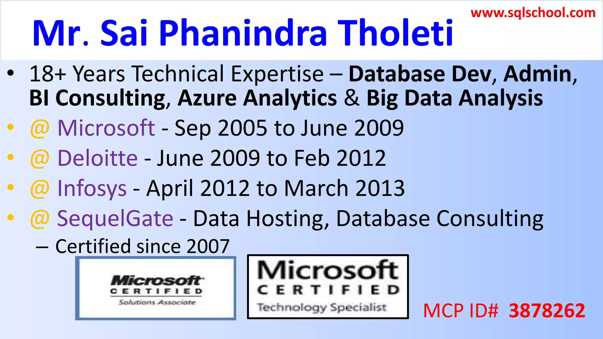 Mr. Sai Phanindra Tholeti
• 18+ Years Technical Expertise – Database Dev, Admin,
BI Consulting, Azure Analytics & Big Data Analysis
• @ Microsoft - Sep 2005 to June 2009
• @ Deloitte - June 2009 to Feb 2012
• @ Infosys - April 2012 to March 2013
• @ SequelGate - Data Hosting, Database Consulting
– Certified since 2007
•
• MCP ID# 3878262
www.sqlschool.com
 