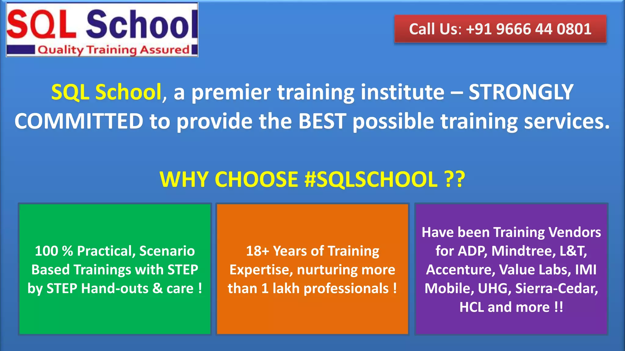 SQL School, a premier training institute – STRONGLY
COMMITTED to provide the BEST possible training services.
WHY CHOOSE #SQLSCHOOL ??
Call Us: +91 9666 44 0801
100 % Practical, Scenario
Based Trainings with STEP
by STEP Hand-outs & care !
Have been Training Vendors
for ADP, Mindtree, L&T,
Accenture, Value Labs, IMI
Mobile, UHG, Sierra-Cedar,
HCL and more !!
18+ Years of Training
Expertise, nurturing more
than 1 lakh professionals !
 
