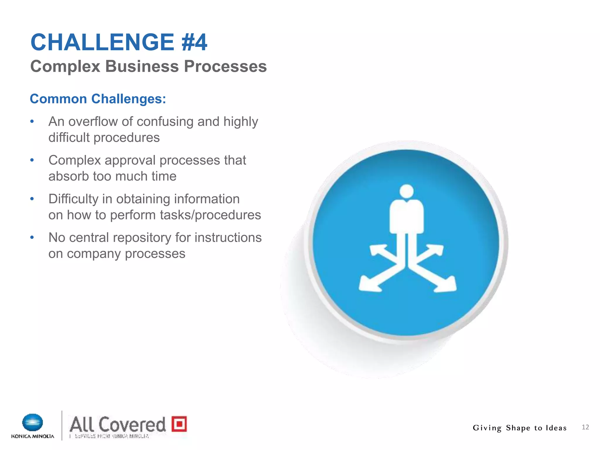 12
Common Challenges:
• An overflow of confusing and highly
difficult procedures
• Complex approval processes that
absorb too much time
• Difficulty in obtaining information
on how to perform tasks/procedures
• No central repository for instructions
on company processes
Complex Business Processes
CHALLENGE #4
 