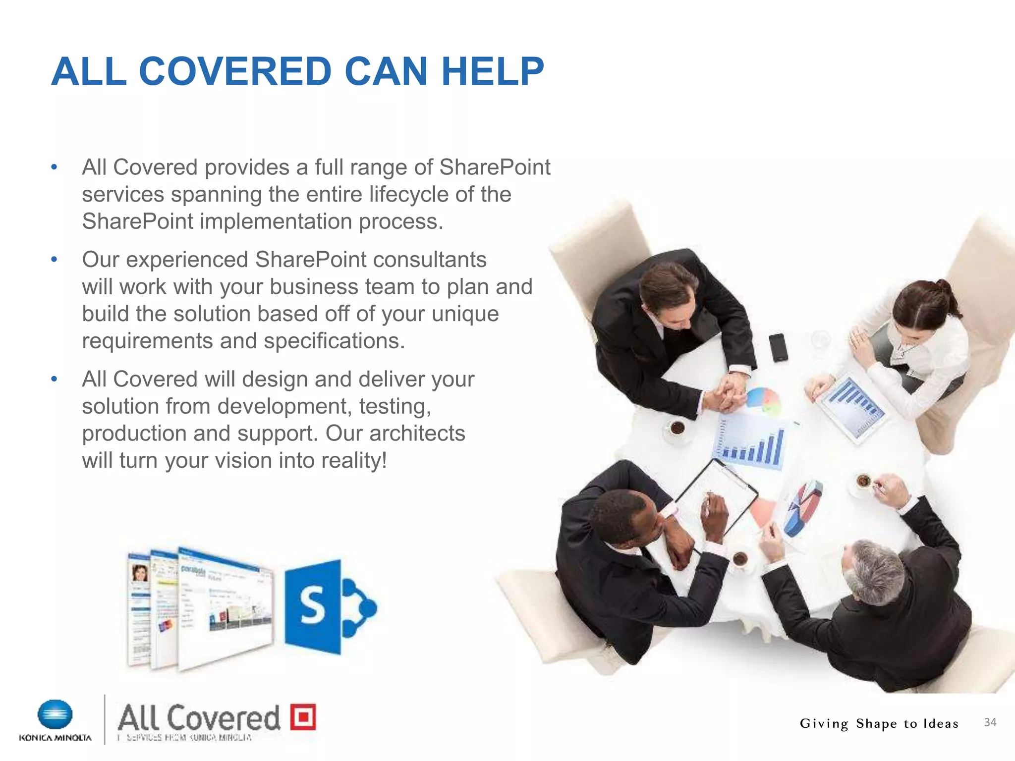 34
ALL COVERED CAN HELP
• All Covered provides a full range of SharePoint
services spanning the entire lifecycle of the
SharePoint implementation process.
• Our experienced SharePoint consultants
will work with your business team to plan and
build the solution based off of your unique
requirements and specifications.
• All Covered will design and deliver your
solution from development, testing,
production and support. Our architects
will turn your vision into reality!
 