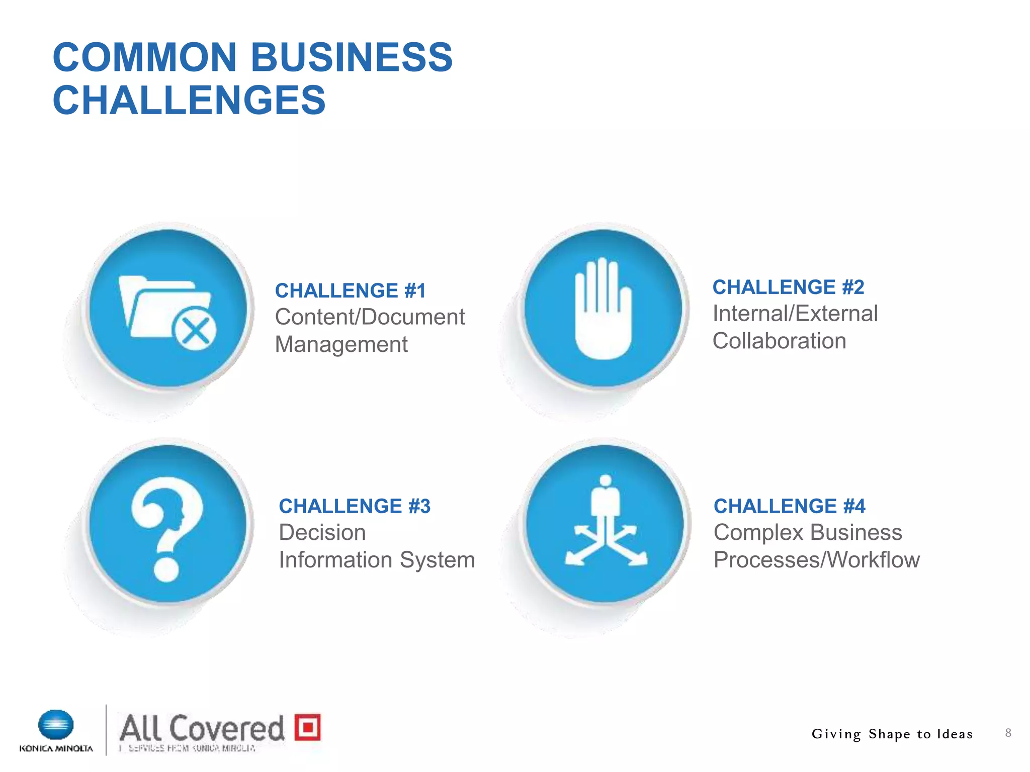 8
COMMON BUSINESS
CHALLENGES
CHALLENGE #1
Content/Document
Management
CHALLENGE #3
Decision
Information System
CHALLENGE #4
Complex Business
Processes/Workflow
CHALLENGE #2
Internal/External
Collaboration
 
