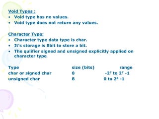 Void Types :
• Void type has no values.
• Void type does not return any values.
Character Type:
• Character type data type is char.
• It’s storage is 8bit to store a bit.
• The qulifier signed and unsigned explicitly applied on
character type
Type size (bits) range
char or signed char 8 -27 to 27 -1
unsigned char 8 0 to 28 -1
 