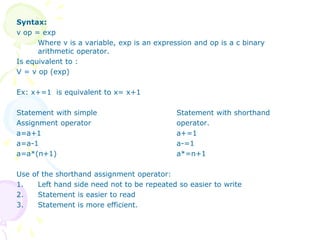 Syntax:
v op = exp
Where v is a variable, exp is an expression and op is a c binary
arithmetic operator.
Is equivalent to :
V = v op (exp)
Ex: x+=1 is equivalent to x= x+1
Statement with simple Statement with shorthand
Assignment operator operator.
a=a+1 a+=1
a=a-1 a-=1
a=a*(n+1) a*=n+1
Use of the shorthand assignment operator:
1. Left hand side need not to be repeated so easier to write
2. Statement is easier to read
3. Statement is more efficient.
 