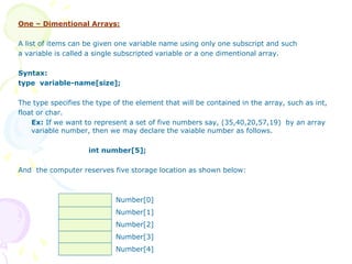 One – Dimentional Arrays:
A list of items can be given one variable name using only one subscript and such
a variable is called a single subscripted variable or a one dimentional array.
Syntax:
type variable-name[size];
The type specifies the type of the element that will be contained in the array, such as int,
float or char.
Ex: If we want to represent a set of five numbers say, (35,40,20,57,19) by an array
variable number, then we may declare the vaiable number as follows.
int number[5];
And the computer reserves five storage location as shown below:
Number[0]
Number[1]
Number[2]
Number[3]
Number[4]
 