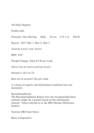 All Daily Reports
Profile Info
Personal: Alex Herring Male 24 yrs 6 ft 1 in 188 lb
Day(s): 2017 Mar 1, Mar 2, Mar 3
Activity Level: Low Active
BMI: 24.8
Weight Change: Gain 0.5 lb per week
(Strive for an Active activity level.)
Normal is 18.5 to 25.
Best not to exceed 2 lbs per week.
A variety of reports and information combined into one
document.
Recommendations
The Recommendations Report lists the recommended daily
nutrient intake for a person based on the information
entered. Often referred to as the DRI (Dietary Reference
Intake).
Nutrient DRI Goal Notes
Basic Components
 