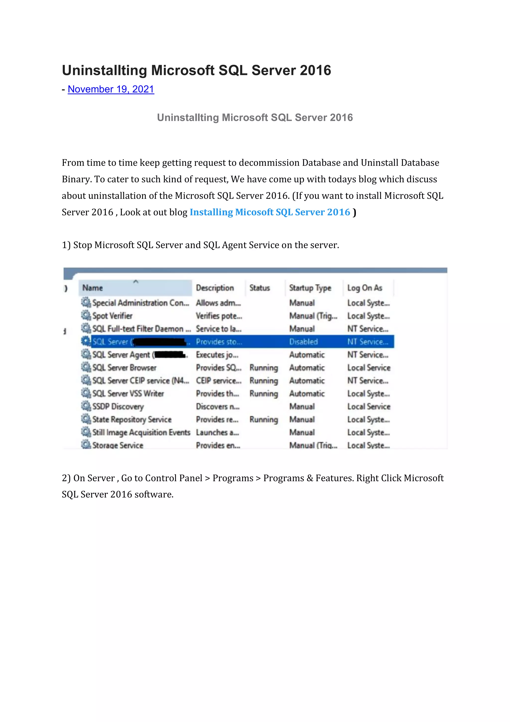 Uninstallting microsoft sql server 2016 | PDF